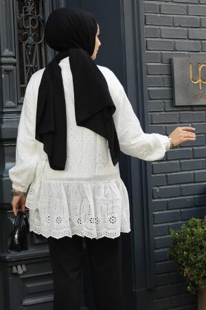 Güpürlü Beyaz Tesettür Tunik 13761B - 3