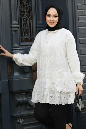 Güpürlü Beyaz Tesettür Tunik 13761B - 1