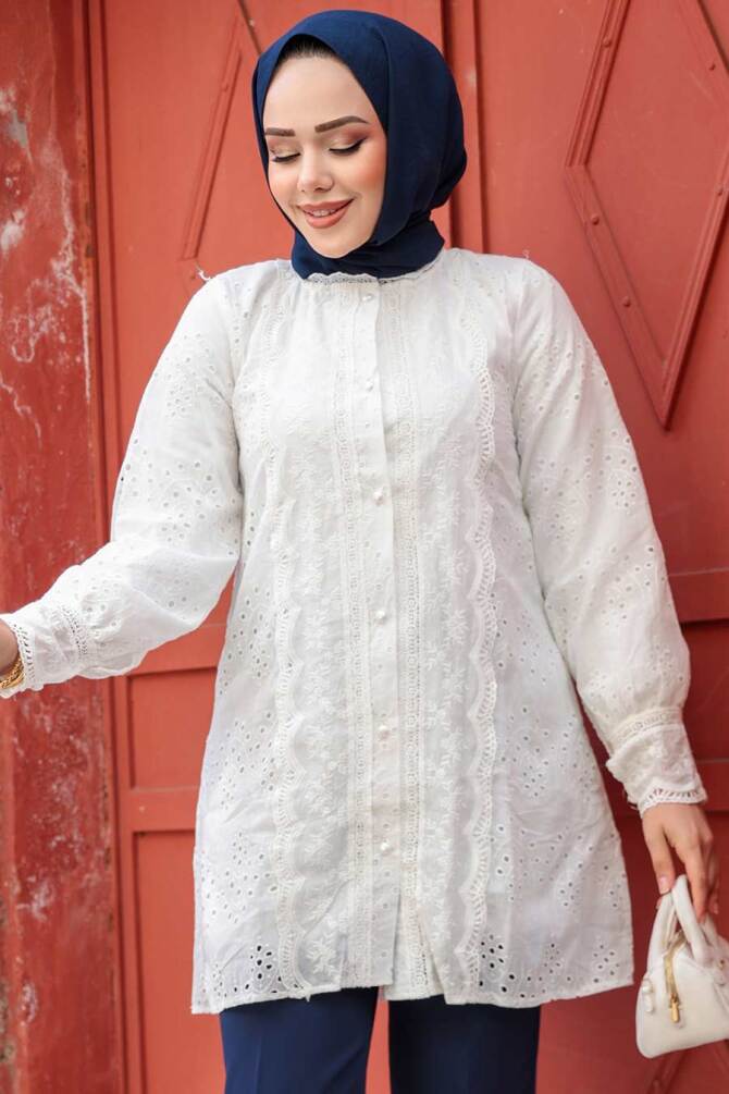 Güpürlü Beyaz Tesettür Tunik 20012B - NEVA STYLE