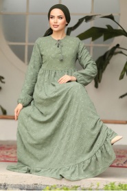 Güpürlü Çağla Yeşili Tesettür Elbise 23201CY - Thumbnail