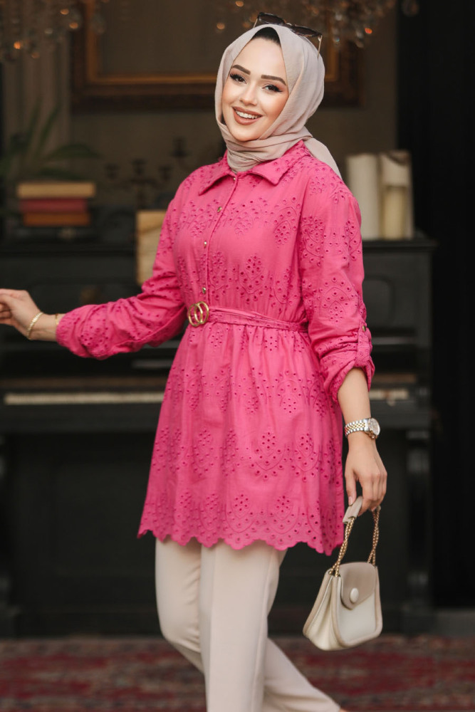 Güpürlü Fuşya Tesettür Tunik 14252F - 1