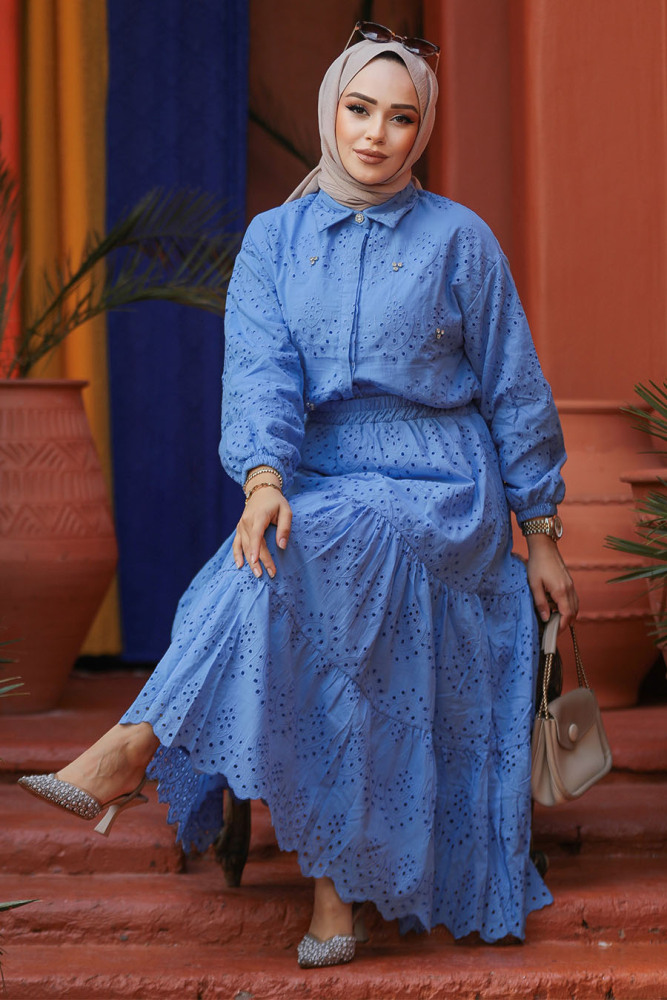 Güpürlü Mavi Tesettür Etekli İkili Takım 14271M - 1