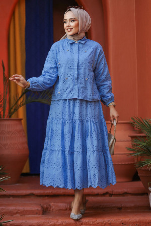Güpürlü Mavi Tesettür Etekli İkili Takım 14271M - 4