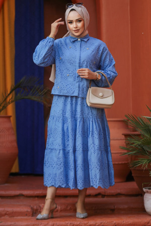 Güpürlü Mavi Tesettür Etekli İkili Takım 14271M - 5