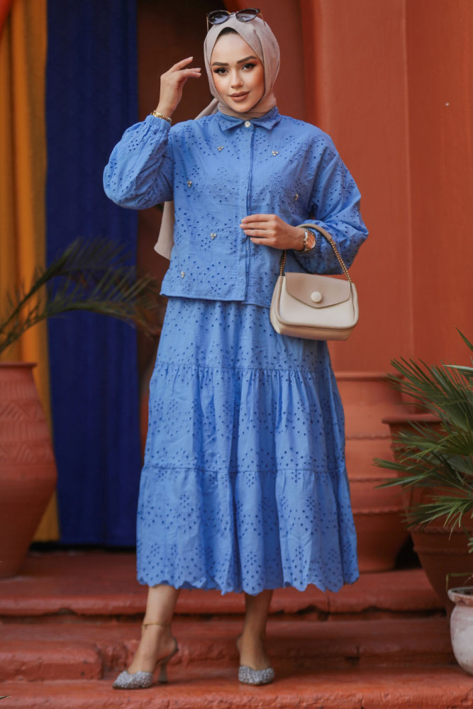 Güpürlü Mavi Tesettür Etekli İkili Takım 14271M - 5