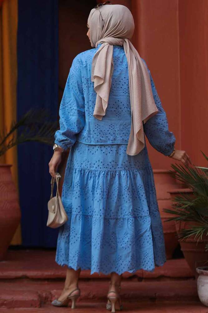 Güpürlü Mavi Tesettür Etekli İkili Takım 14271M - 6