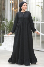 Güpürlü Siyah Tesettür Elbise 23201S - Thumbnail
