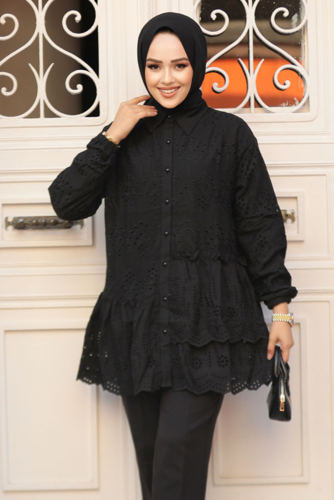 Güpürlü Siyah Tesettür Tunik 13761S - 1