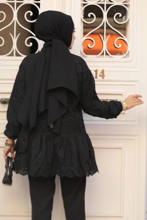 Güpürlü Siyah Tesettür Tunik 13761S - 2
