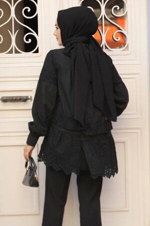 Güpürlü Siyah Tesettür Tunik 14221S - 2