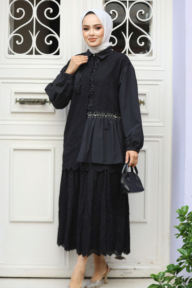 Güpürlü Siyah Tesettür Tunik 14261S - 3