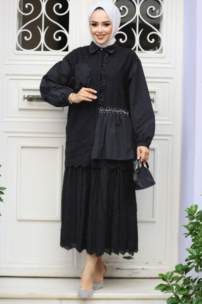 Güpürlü Siyah Tesettür Tunik 14261S - 4