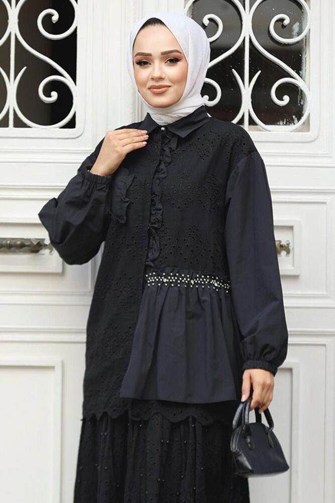 Güpürlü Siyah Tesettür Tunik 14261S - 2
