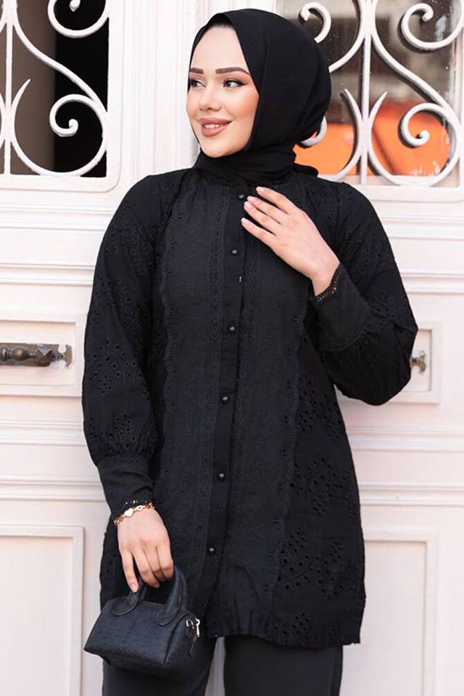 Güpürlü Siyah Tesettür Tunik 20012S - 3