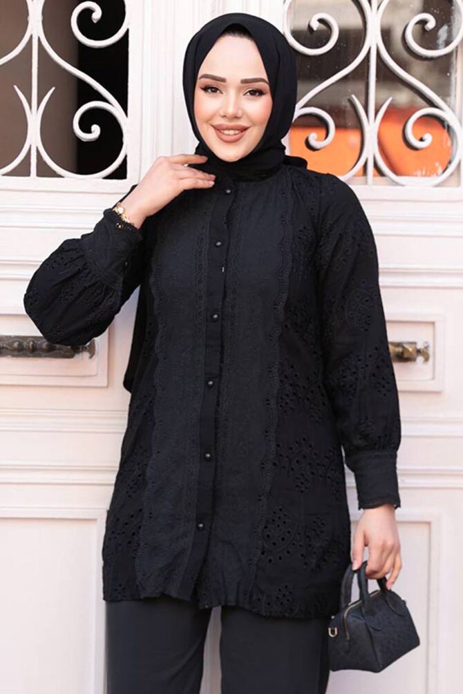 Güpürlü Siyah Tesettür Tunik 20012S - NEVA STYLE