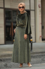 Haki Tesettür Kadife Elbise 22590HK - Thumbnail
