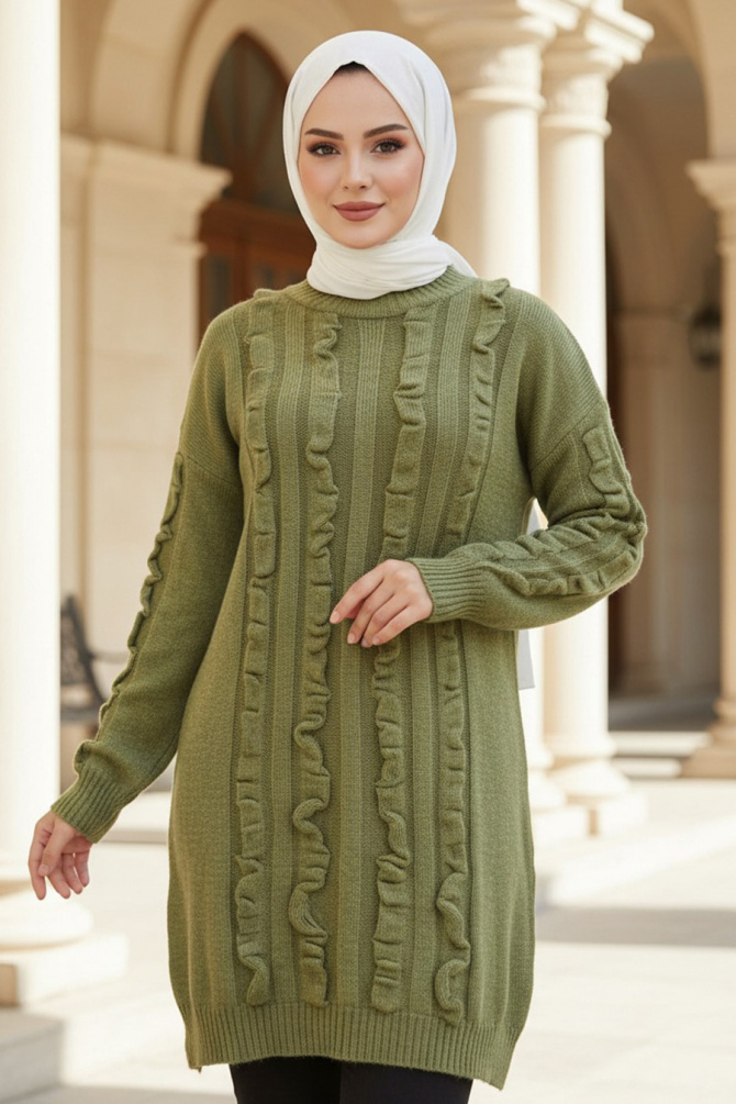 Haki Tesettür Triko Kazak Tunik 87703HK - N.S NEVA STYLE
