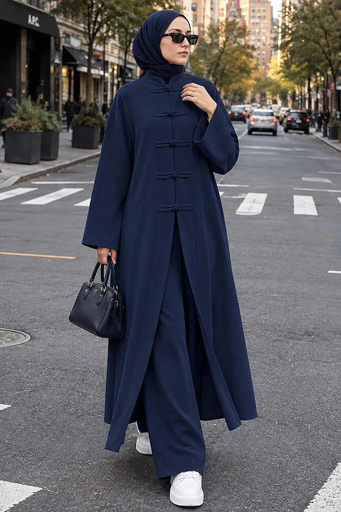Mandarin-Collar Button-Detail Oysho Navy Modest Trouser Set 1406L - 1