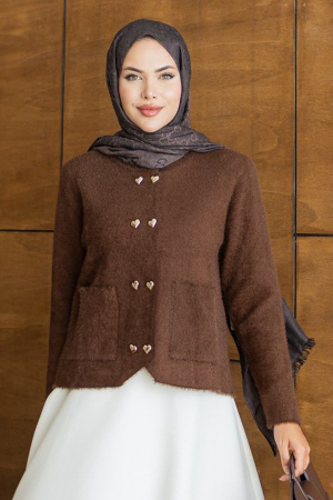 Heart Buttoned Pocketed Brown Modest Knit Cardigan 251404KH - N.S NEVA STYLE