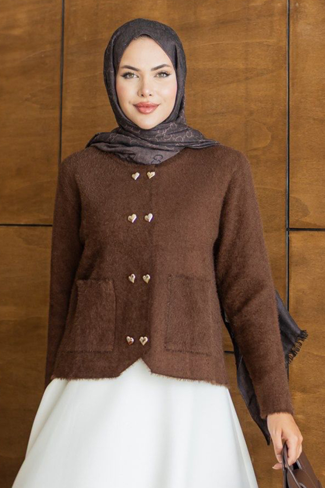 Heart Buttoned Pocketed Brown Modest Knit Cardigan 251404KH - 1