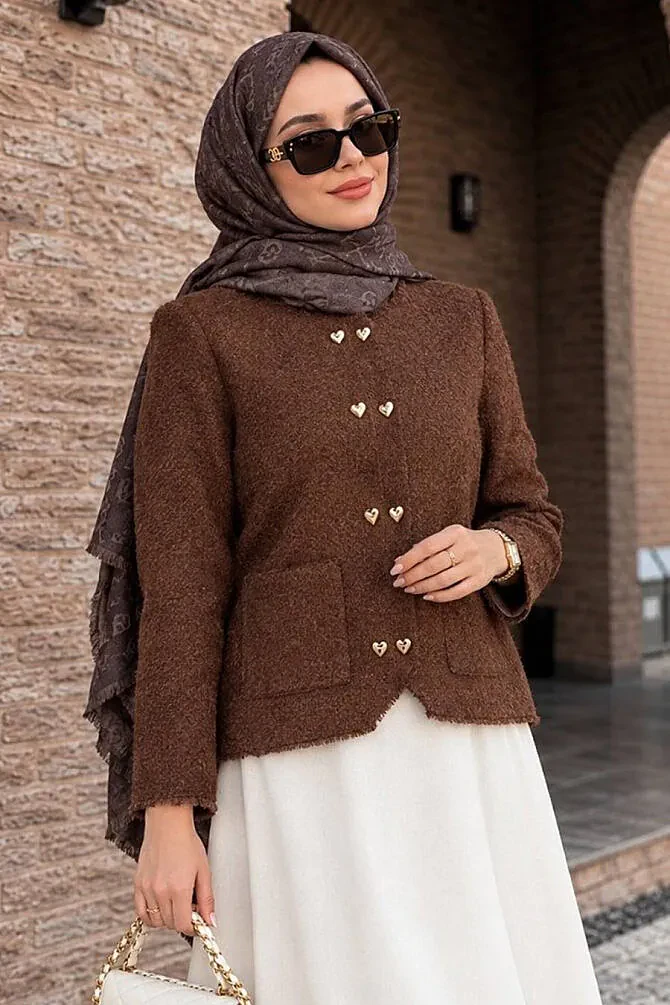Heart Buttoned Pocketed Brown Modest Knit Cardigan 251404KH - N.S NEVA STYLE