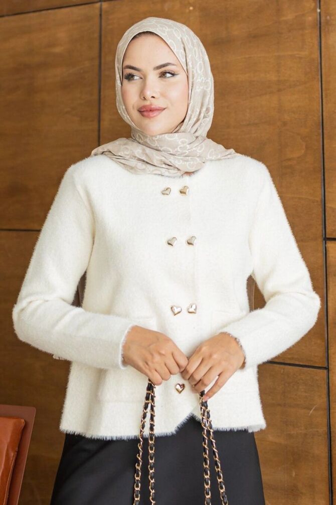 Heart Buttoned Pocketed Cream Modest Knit Cardigan 251404KR - 1