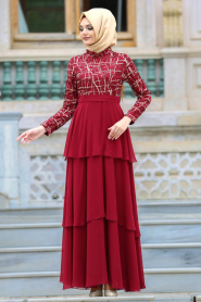 Neva Style - Pul Payet Detaylı Bordo Tesettür Abiye Elbise 3524BR - Thumbnail