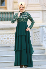 Neva Style - Pul Payet Detaylı Yeşil Tesettür Abiye Elbise 3524Y - Thumbnail