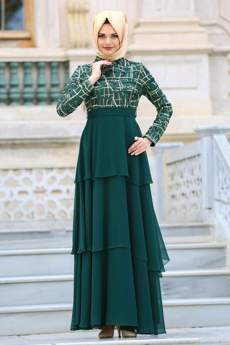 Neva Style - Pul Payet Detaylı Yeşil Tesettür Abiye Elbise 3524Y