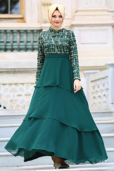 Neva Style - Pul Payet Detaylı Yeşil Tesettür Abiye Elbise 3524Y