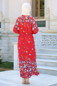Hewes Line - Çiçek Desenli Beli Büzgülü Kırmızı Tesettür Elbise 590K - Thumbnail