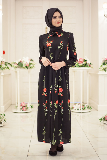Hewes Line - Çiçek Desenli Siyah Tesettür Elbise 568S