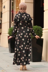 Hewes Line - Fırfır Detaylı Düğmeli Siyah Tesettür Elbise 595S - Thumbnail