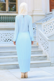 Hewes Line - Piliseli Buz Mavisi tesettür elbise 589BM - Thumbnail