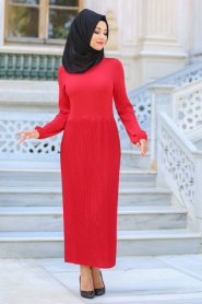 Hewes Line - Piliseli Kırmızı Tesettür Elbise 589K - Thumbnail