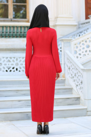 Hewes Line - Piliseli Kırmızı Tesettür Elbise 589K - Thumbnail