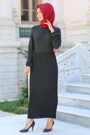 Hewes Line - Pliseli Siyah Tesettür Elbise 589S - Thumbnail