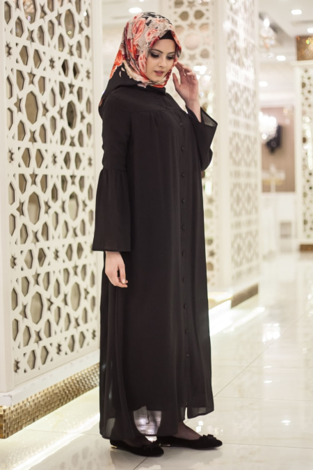 Hewes Line - Robalı Siyah Tesettür Gömlek Elbise 538S