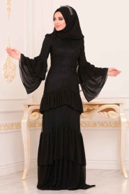 Volan Kollu Siyah Tesettür Abiye Elbise 39010S - Thumbnail