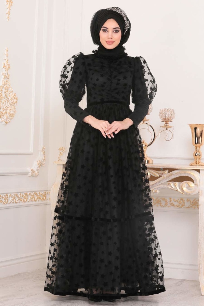 Hijab Evening Dress - Black Hijab Evening Dress 40361S - 1
