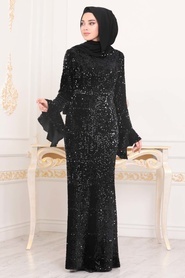 Hijab Evening Dress - Black Hijab Evening Dress 8733S - Thumbnail
