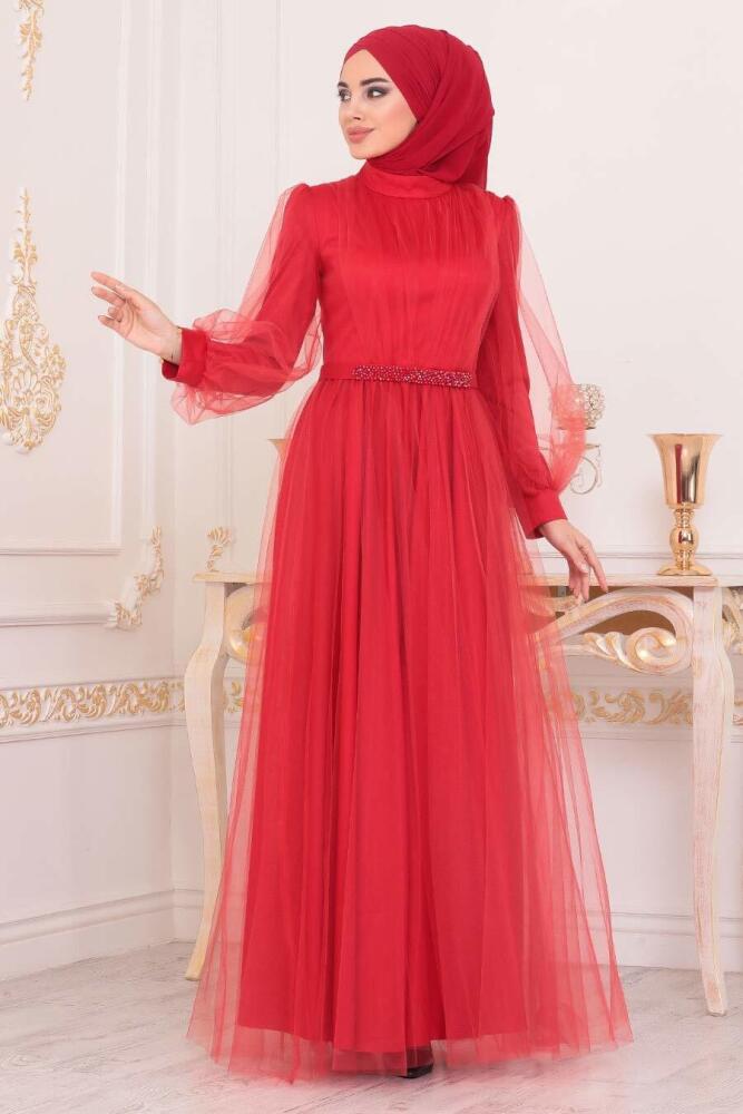 Hijab Evening Dress - Coral Color Hijab Evening Dress 40020MR - 1