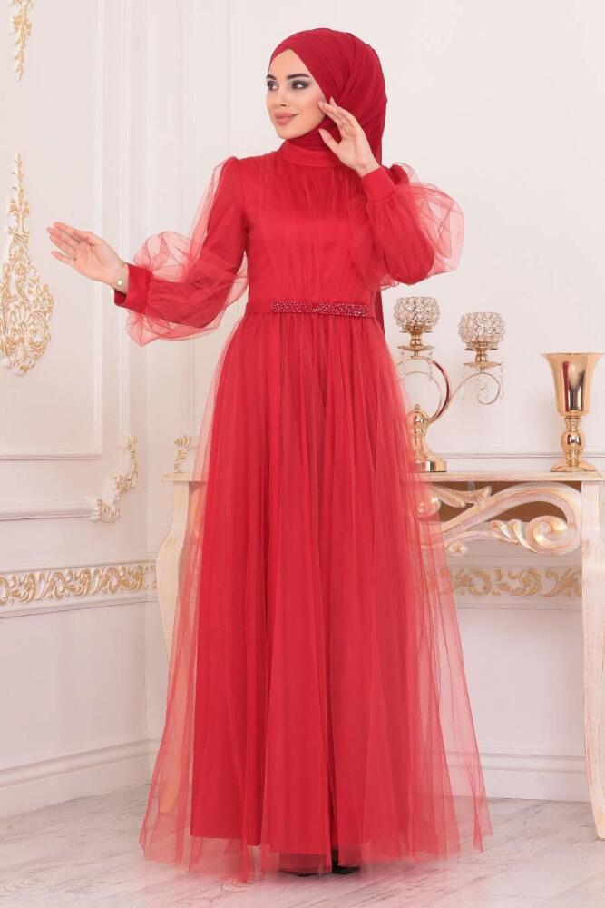 Hijab Evening Dress - Coral Color Hijab Evening Dress 40020MR - 2