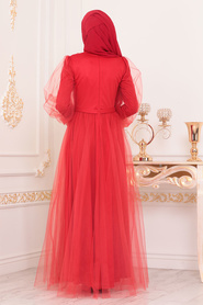 Hijab Evening Dress - Coral Color Hijab Evening Dress 40020MR - Thumbnail
