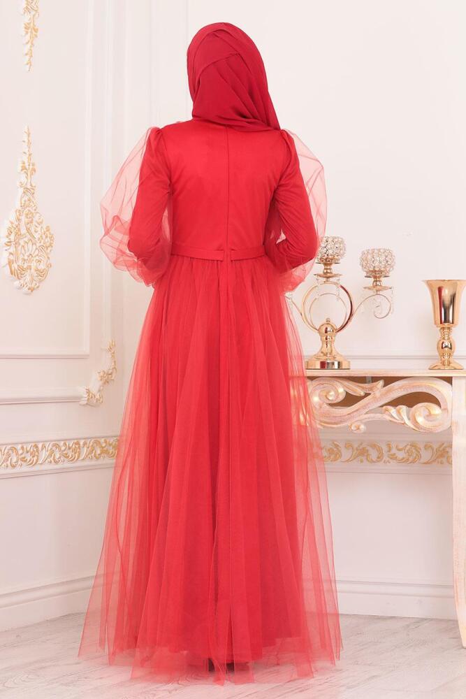 Hijab Evening Dress - Coral Color Hijab Evening Dress 40020MR - 3