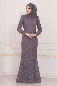 Hijab Evening Dress - Dark lila Hijab Evening Dress 40181KLILA - Thumbnail