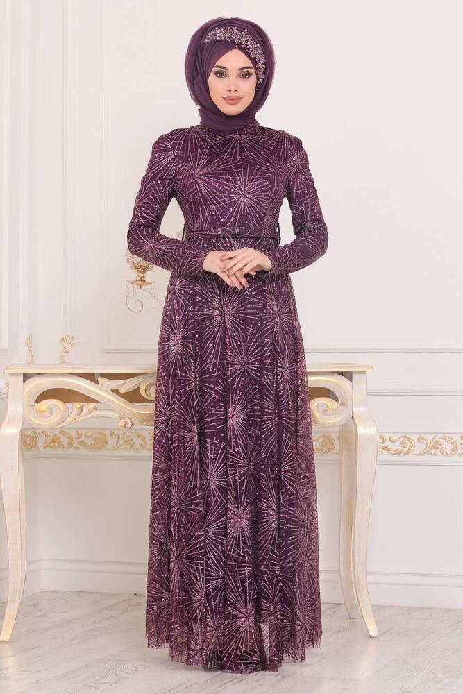 Hijab Evening Dress - Dark Purple Hijab Evening Dress 86652MU - 1