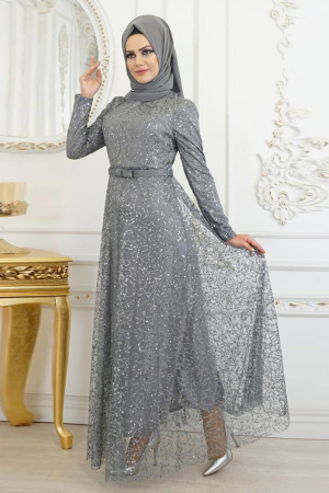 Hijab Evening Dress - Grey Hijab Evening Dress 86650GR - 1