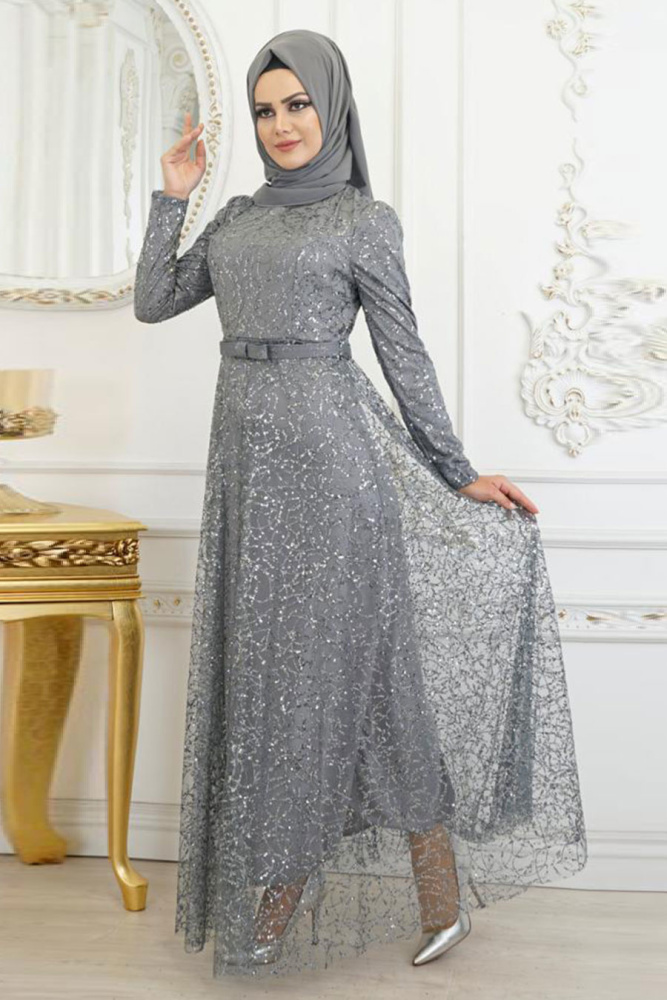 Hijab Evening Dress - Grey Hijab Evening Dress 86650GR - 1