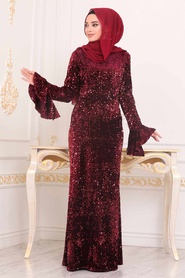 Hijab Evening Dress - Mahogany Hijab Evening Dress 8733BR - Thumbnail